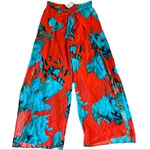 Beach Cover-up Pants Tropical Floral Wide Leg Side Slits